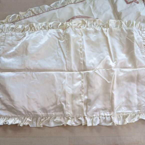 New Vintage King Shams Bedskirt Set Silk Ribbon Rose Velvet Design Cream Satin - Picture 3 of 16